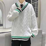 Bonsir Winter V-neck Sweater Men New Patchwork Color Knitted Sweater Pullover Harajuku Couple Streetwear Loose Knitwear Oversized 2XL