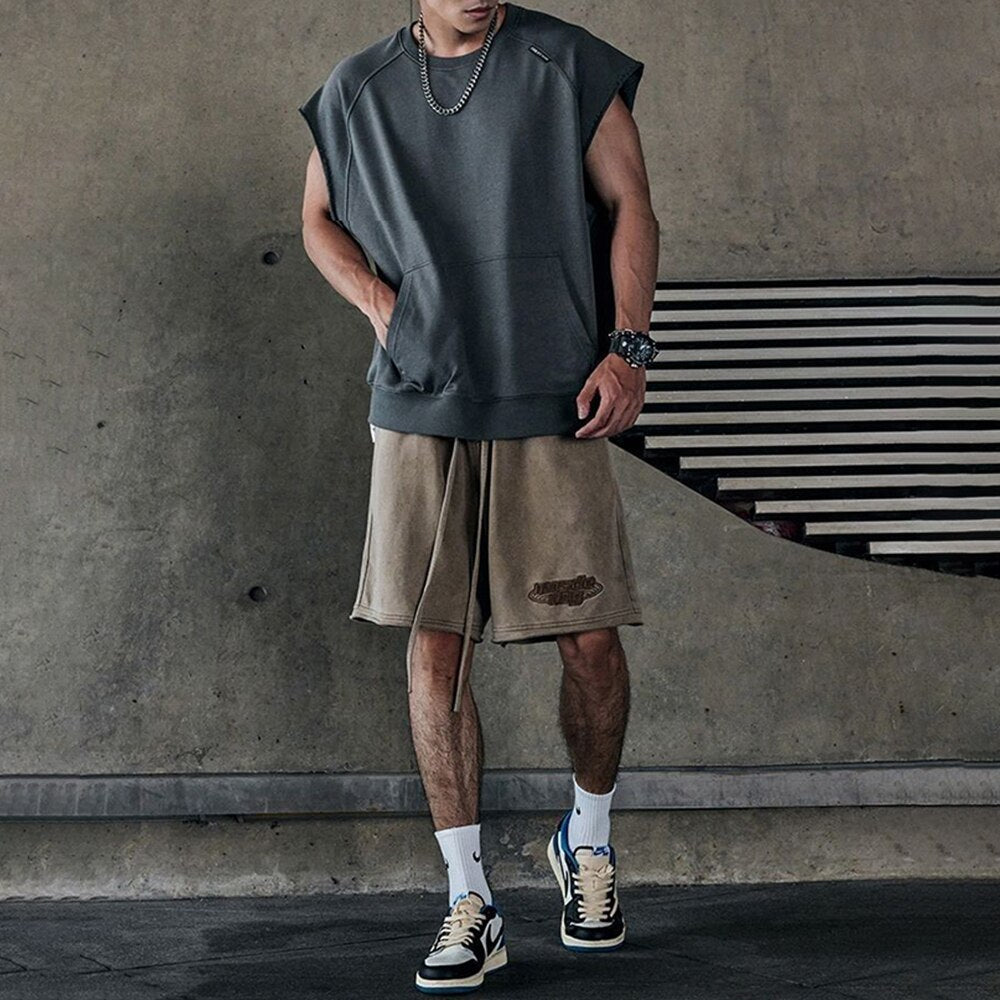 Bonsir American Fitness Vest Men's Summer Sweat-absorbing Wide-shoulder T-shirt Solid Loose Sports Top Training Suit Pocket Camiseta