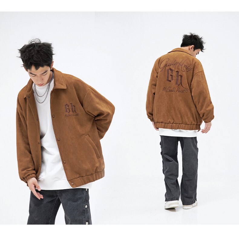 Bonsir American Baseball Uniform Retro Embroidery Lapel Jacket Men's Autumn Loose Casual Suede Coats High Street Youth Motor Clothing