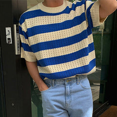 Bonsir Knitting Striped Male T-shirts Men's Round Neck Contrasting Colors Casual Short Sleeve Pullover Spring Chic New