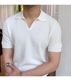 Bonsir Summer New V-neck Men's Solid Color Short-sleeved T-shirt British Slim Lapel Knitted Striped Casual  Polo Shirt