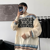 Bonsir Men's Loose Jacquard Sweater Vintage Autumn Korean Style Fashion Knitted Pullovers Round Neck Casual Male Knitwear