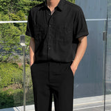 Bonsir Double Pocket Male Casual Shirts Men's Vintage Lapel Solid Color Short Sleeve Outwear Korean Fashion Spring New