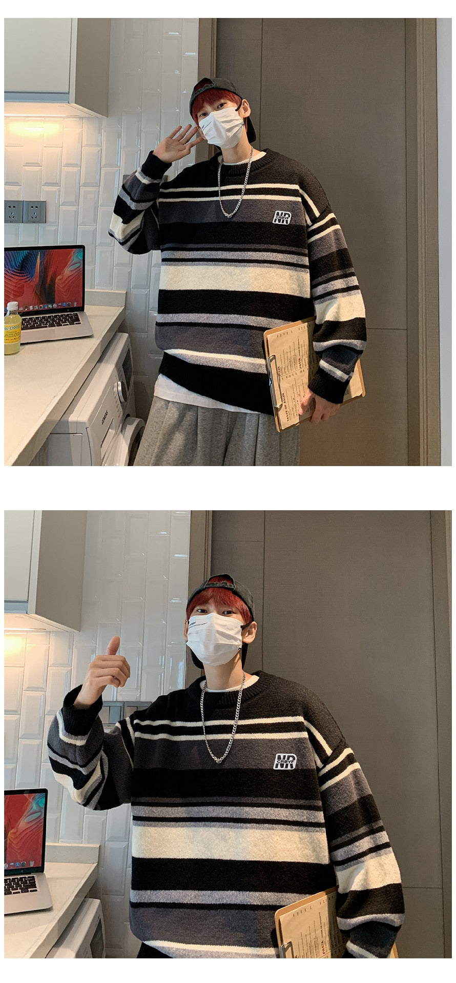 Bonsir Stripe Contrast Sweater Men's Autumn and Winter Fashion Brand Trendy Loose Round Neck Pullover Knitwear Sweater Coat