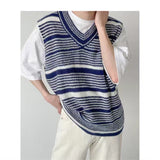 Bonsir Winter Men's Loose V-neck Wool Sweater Vest Striped Printing Pullover Fashion Trend Sleeveless Knitting Blue/black Coats