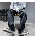 Bonsir Washed Blue Mopping Jeans Men Hiphop Casual Loose Straight Wide Leg Printed Cross Overalls Casual Denim Trousers Four Seasons