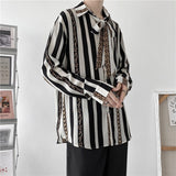 Bonsir Bonsir Autumn High-end Long Sleeve Shirt for Men Chain Printing Loose Casual Trend Retro Ice Silk Drape Design Striped Shirt