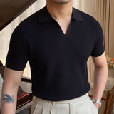 Bonsir Summer New V-neck Men's Solid Color Short-sleeved T-shirt British Slim Lapel Knitted Striped Casual  Polo Shirt