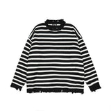 Bonsir Retro Frayed Contrast Color Striped Round Neck Men's Sweaters Ripped Hip Hop Harajuku Oversized Pullover Couple Autumn Clothes