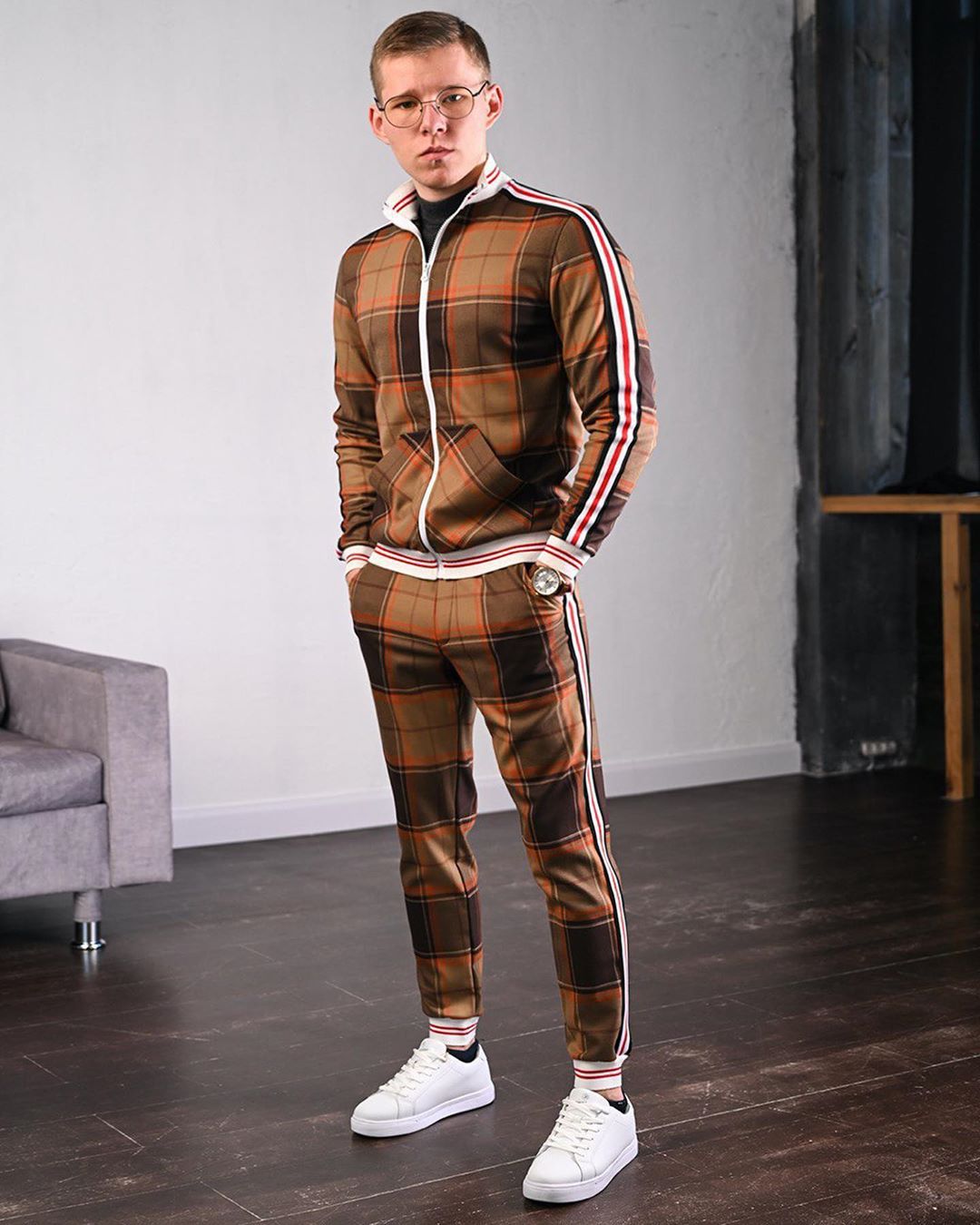 Bonsir New men's tracksuit Fashion Plaid Man Sets Trendy Brand Casual Sportswear Spring Autumn Jacket + Pants 2 Piece Set 3D Print