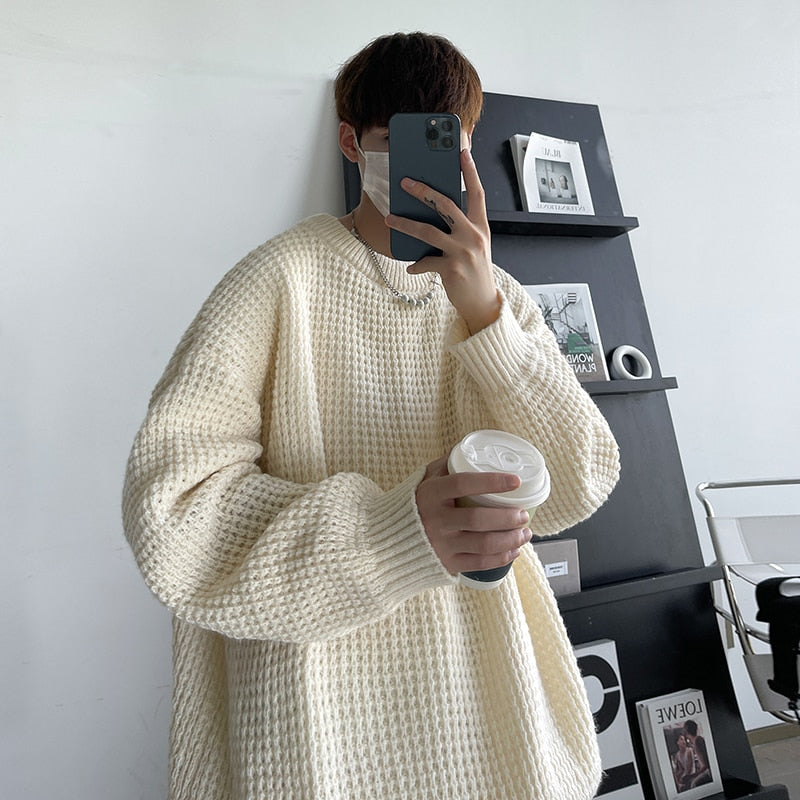 Bonsir Men's Waffle Sweaters Round Neck Solid Color Korean Style Hip Hop Male Knitted Pullovers Loose Casual Winter Knitwear