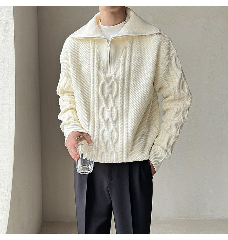 Bonsir High Quality Large Lapel Pullover Sweater Black White Coarse Zipper Knitted Sweater For Men Pull Homme Men Winter Sweater Brand