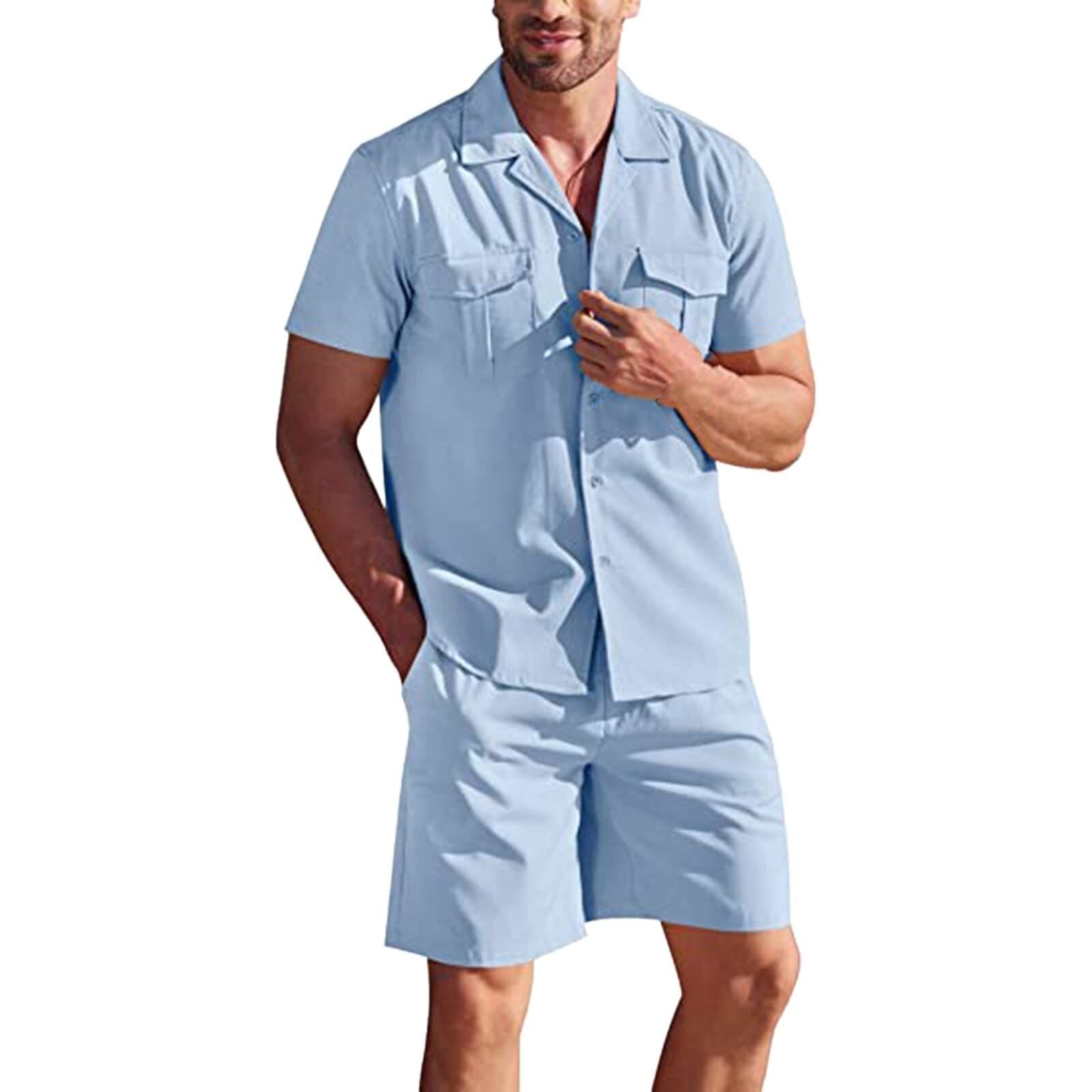 Bonsir Men's Loose Casual Cotton Linen Short Sleeve Shirt + Shorts