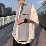 Bonsir Men's Casual Blouse Patchwork Color Shirts Summer Half Sleeve Handsome Men's Clothing Fashion Tooling Shirt Plus Size 5XL