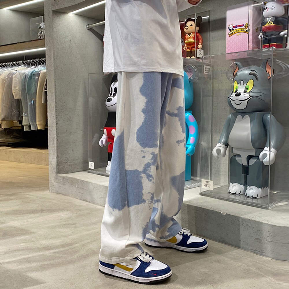 Bonsir Men Y2k Tie Dye Baggy Jeans New Loose Vintage Denim Trousers Male Streetwear Kpop Causal Straight Wide Leg Pants Genderless