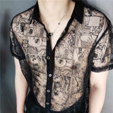 Bonsir High Quality Black Lace Sexy Shirt Embroidery See Through Shirt Men Social Club Luxe Transparent Shirt Summer Short Sleeve Shirt