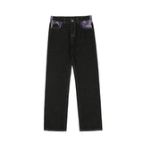 Bonsir Men's Y2k Jeans Cashew Flowers Purple Streetwear Casual Pants Punk Hip Hop Letter Print Baggy Harajuku Straight Denim Trousers