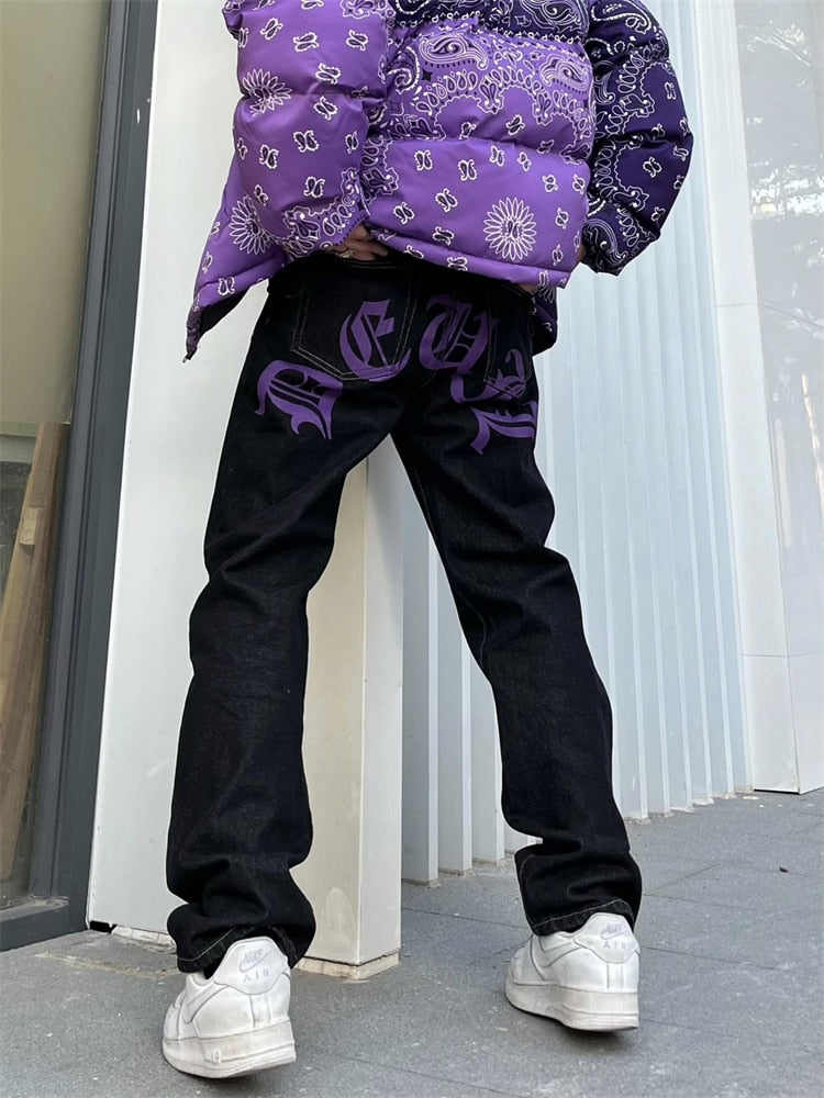 Bonsir Men's Y2k Jeans Cashew Flowers Purple Streetwear Casual Pants P –  bonsir