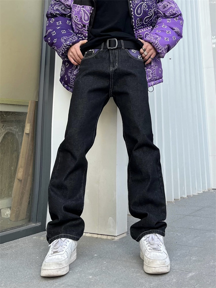 Y2K Jeans Streetwear Mens Hip Hop Print Baggy Jeans Denim Pants