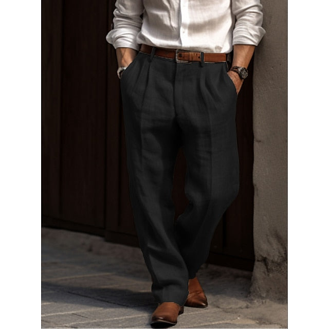 Bonsir Men's Linen Pants Trousers Summer Pants Pleated Pants Front Pocket Straight Leg Plain Comfort Breathable Casual Daily Holiday Linen Cotton Blend Fashion Basic Black White