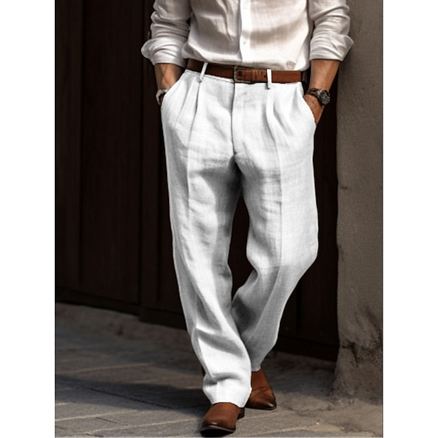 Bonsir Men's Linen Pants Trousers Summer Pants Pleated Pants Front Pocket Straight Leg Plain Comfort Breathable Casual Daily Holiday Linen Cotton Blend Fashion Basic Black White